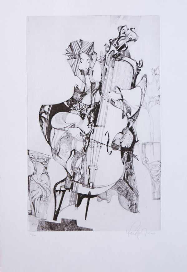 Miloslav Lhotský: Cellista / 2000, suchá jehla, papír, 38,5 x 24 cm