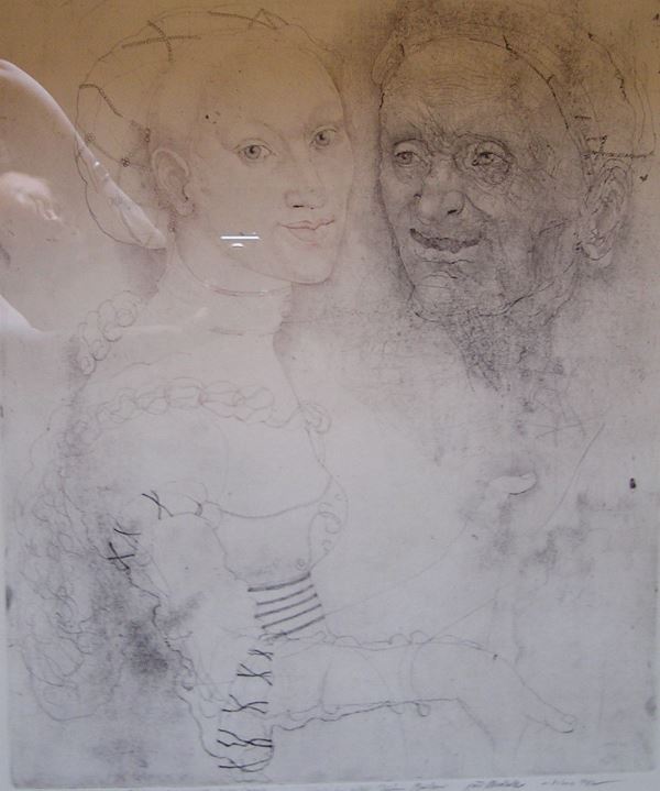 Jiří Anderle: Dívka a stařec podle Lucase Cranacha / 1982, lept, papír, 59 x 49,5 cm